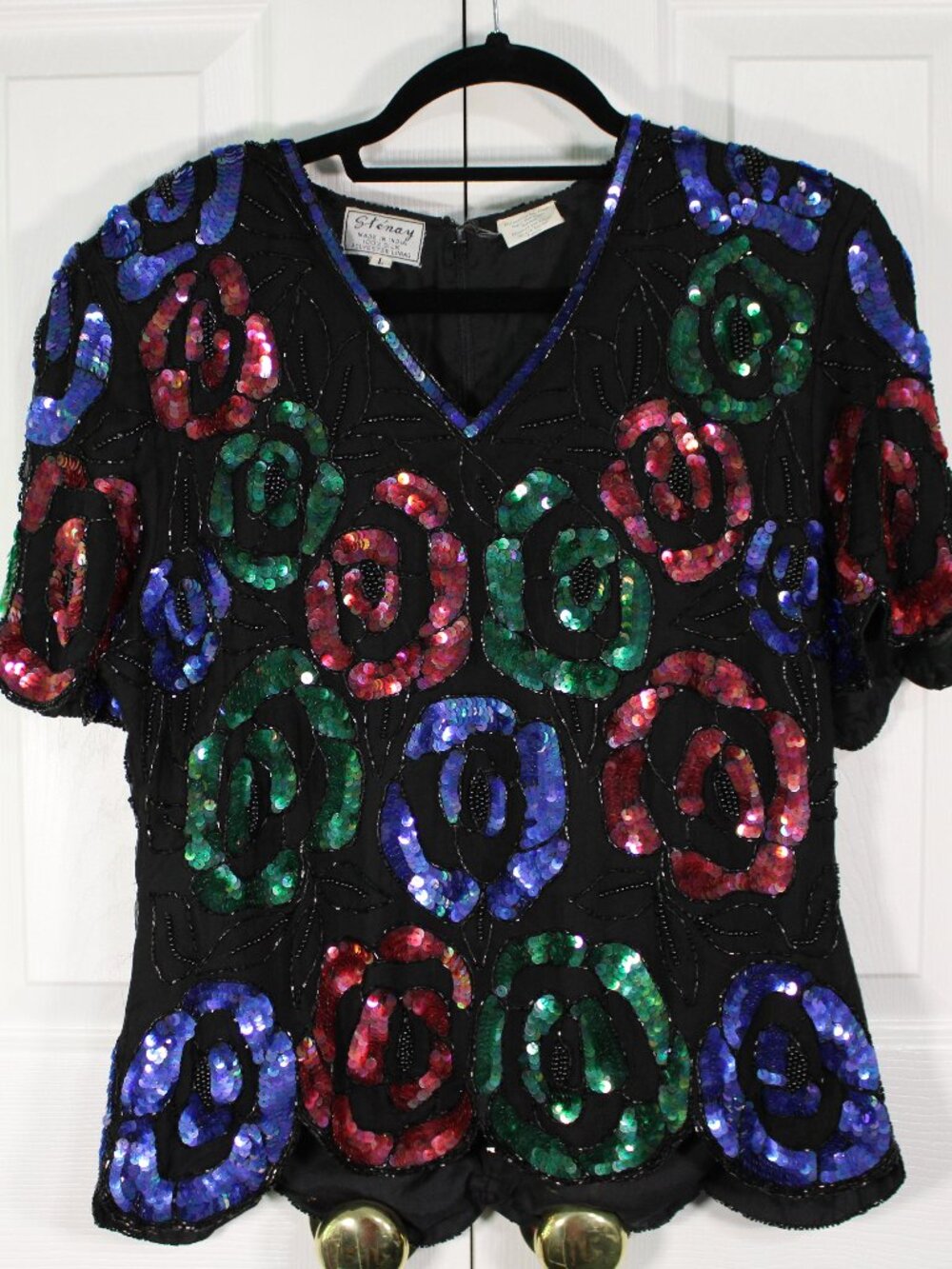 Vintage Stenay Black Floral Sequence Short Sleeve Scalloped Bottom Blouse